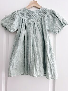 Zara Kids Sage Green Eyelet Smocked Puff Sleeve Dress - Size 4-5T